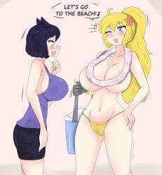 2girls bikini_bottom bikini_top_removed black_hair black_hair_female blake_belladonna blonde_female blonde_hair blush cat_ears faunus fjtiko long_hair long_hair_female multiple_girls ponytail purple_eyes rwby yang_xiao_long zronku