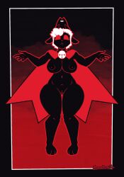 anthro bell bell_collar black_body black_nipples border bovid breasts cape cape_only caprine clothing collar criminalbunnydraws crown cult_of_the_lamb curled_hair eyelashes female floating genitals glowing hair headgear hi_res horn jingle_bell jingle_bell_collar mammal mostly_nude nipples pussy red_eyes sheep short_hair short_horn slightly_chubby small_horn solo thick_thighs white_hair wide_hips