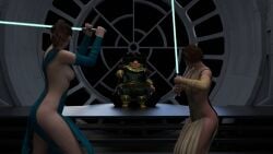 2girls 3d capcom claire_redfield jedi_knight jill_valentine resident_evil star_wars throne_room