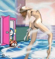 1girls 70s ass bathroom breasts brown_hair doraemon doraemon_(character) female human light-skinned_female light_skin nobita_nobi nude pigtails shizuka_minamoto short_hair