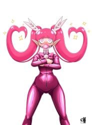 1girls 2020s ball_gag barbatos_bachiko bodysuit catsuit clothing demon_girl elf eyes female female_focus female_only front_zipper gag gagged heart-shaped_pupils latex latex_bodysuit latex_clothing latex_suit looking_pleasured mairimashita!_iruma-kun open_eyes pinching_nipples pink_hair pointy_ears ribbon rosvo shiny_clothes solo zipper