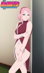 against_wall arm_under_breasts boruto:_naruto_next_generations bottomless bottomless_female bracelet breasts china_dress chinese_clothes darkalx dress female female_only female_pubic_hair high_resolution looking_at_viewer mature mature_female milf naruto naruto_(series) nipples no_pants no_underwear pants_removed partially_clothed partially_clothed_female petite pink_hair pink_pubic_hair pubic_hair red_dress sakura_haruno sleeveless sleeveless_shirt smile solo solo_focus stray_pubic_hair thefarquad uncensored watermark