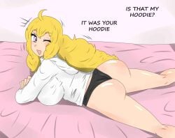 1girls ass bed blonde_female blonde_hair fjtiko hoodie long_hair long_hair_female no_pants panties purple_eyes rwby wearing_others_clothes wink yang_xiao_long zronku