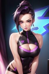 1girls ai_generated alternate_color alternate_costume alternate_hairstyle belly_button belly_button_visible_through_clothing big_breasts blizzard_entertainment dark_purple_hair dress earrings female female_only hair_bun holaraai latina light-skinned_female light_skin looking_at_viewer mexican_female milf olivia_colomar overwatch overwatch_2 short_dress sombra