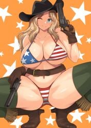 1girls 2024 american_flag_bikini belly belly_button belt blonde_hair blue_eyes clothing collar cowboy_hat cowgirl eyebrows eyebrows_visible_through_hair female firearm footwear girls_und_panzer gloves gun guns handgun handwear headwear kay_(girls_und_panzer) kokuriu long_hair looking_at_viewer pale_skin revolver simple_background solo solo_female solo_focus squatting stars thick_thighs thighhighs thighs weapon wink winking_at_viewer