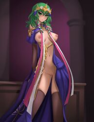 1girls alternate_costume bare_thighs braid breasts byleth_(fire_emblem) byleth_(fire_emblem)_(female) dress female female_only fire_emblem fire_emblem:_three_houses fraudulenttaco green_eyes green_hair indoors looking_at_viewer medium_breasts medium_hair naked_thighhighs nintendo nipples nude nude_female pussy solo standing thighhighs thighs twin_braids