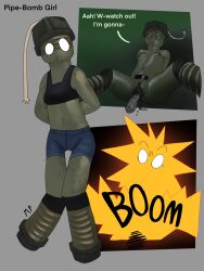 black_cum bomb cartoony comic_panel dialogue explosion explosive_sex exposed_pussy female genital_fluids gijinka jorts metallic_body naked_female no_mouth not_furry objectum penetration personification pipe_bomb robot robot_girl robotic sex small_breasts tank_top white_eyes