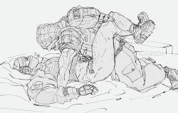 2boys anal clothed clothed_sex fingerless_gloves gay glaz_(rainbow_six) kapkan_(rainbow_six) kapkantops legs_wrapped_around_partner male_only military missionary_position on_ground outdoor_sex outdoors rainbow_six rainbow_six_siege scars uncolored uniform yaoi