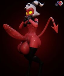 2024 3d_(artwork) balls big_balls big_penis clothing demon digital_media_(artwork) feversfm fingerless_gloves genitals gloves hair handwear helluva_boss hi_res horn humanoid_genitalia humanoid_penis imp legwear male moxxie_(helluva_boss) moxxie_(valorlynz) penis red_balls red_body red_penis red_skin solo tail white_hair yellow_sclera