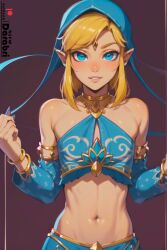 1boy abs absurd_res ai_generated beige_skin blonde_hair blue_eyes blush breath_of_the_wild colored crop_top crossdressing cute cute_male darabri detached_sleeves detailed egyptian_clothes elf_ears femboy feminine_male flushed gerudo gerudo_link gerudo_top girly gradient_background happy jewelry link link_(breath_of_the_wild) logo long_hair looking_at_viewer male male_only navel necklace otoko_no_ko parted_lips patreon patreon_logo pointy_ears pov shoulders simple_background slim slutty_clothing slutty_outfit smile solo solo_focus teeth_showing the_legend_of_zelda the_legend_of_zelda:_breath_of_the_wild thin_waist toned trap veil