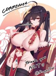 ahoge areola_slip artist_name azur_lane bare_shoulders bird_mask black_hair black_thighhighs breast_curtains breastless_clothes breasts chinese_clothes cleavage clothing_cutout cowboy_shot crossed_bangs crotch_cutout curvy dutch_angle english_text fan female gloves hair_between_eyes hair_ornament hair_ribbon highres huge_breasts long_hair looking_at_viewer mask navel_cutout panties parted_lips pelvic_curtain rayno red_eyes revealing_clothes ribbon shiny_skin smile solo standing taihou_(azur_lane) thick_thighs thighhighs thighs twintails underwear very_long_hair wide_hips wide_sleeves