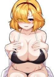 1girls ao_(user_xcnx5328) big_breasts bikini blonde_hair blue_eyes blush brassiere cleavage future_princess_(guardian_tales) guardian_tales hair_over_one_eye large_breasts presenting_breasts short_hair solo tagme underwear_only