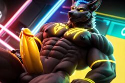 abs ballsack big_pecs big_penis blue_hair daddy eight_pack furry hard male nipples no_clothing no_pubic_hair precum ready_for_sex smirking_at_viewer wolf wolf_humanoid yellow yellow_eyes yellow_penis