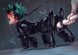 2boys all_fours bitchsuit blush bulge forced_orgasm green_hair hitachi_magic_wand izuku_midoriya latex latex_suit leash male male_only my_hero_academia open_mouth screaming_in_pleasure solo_focus straps tears vibrator vibrator_on_penis wildmage yaoi