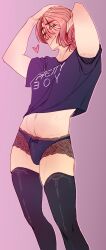 1boy 2021 artist_signature asmodeus_(obey_me) blush bulge caosgii crop_top femboy heart male male_only obey_me!_one_master_to_rule_them_all orange_hair panties pink_background red_eyes thighhighs thighs twink