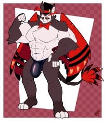 1boy anthro balls black_fur bulge collectollider feline flexing furry hat hazbin_hotel husk_(hazbin_hotel) male male_only muscles muscular penis solo solo_male tail vivienne_medrano white_fur wings