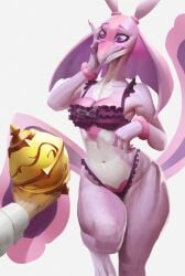 2024 anthro big_breasts bra breasts cleavage clothed clothing colored_nails duo eyebrows eyelashes female gasemi hi_res lovander midriff nails navel pal_(species) pal_sphere palworld panties partial_male pink_eyes simple_background thick_thighs underwear white_background