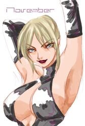 armpits arms_up blonde_hair blue_eyes breasts cleavage death_by_degrees elbow_gloves large_breasts lips naughty_face nina_williams sideboob smile tekken tekken_1 tekken_2 tekken_3 tekken_4 tekken_5_dark_resurrection tekken_blood_vengeance tekken_tag_tournament tekken_tag_tournament_2 tekken_the_motion_picture