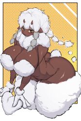 absurd_res anthro ass big_breasts big_butt biped breasts brown_body caprine ewe female fur generation_8_pokemon hi_res horn kantan kneeling looking_at_viewer nintendo pokemon pokemon_(species) sheep thick_thighs white_body white_fur white_wool wool wool_(fur) wooloo