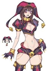 alternate_outfit cleavage gloves jester jester_hat looking_at_viewer pomni_(the_amazing_digital_circus) purple_eyes revealing_clothes the_amazing_digital_circus thick_thighs ykshelter