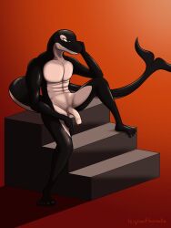 absurd_res anthro balls cetacean dolphin flaccid foreskin genitals glans hi_res humanoid_genitalia humanoid_penis legswithsnake male male_only mammal marine muscular muscular_anthro muscular_male nude oceanic_dolphin orca penis pose solo stairs tail tasteful_nudity toothed_whale