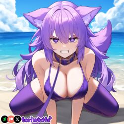 1girls ai_generated all_fours angry beach bikini breasts collar curvy cute dog_ears dog_girl doggirl female female_only growling highres hips huge_breasts kemonomimi leash leash_pull legs_apart light_skin light_skinned_female long_hair looking_at_viewer outside patreon_username petgirl petite petplay pov purple_ears purple_eyes purple_hair purple_tail teeth thick_thighs thighhighs thighs tori toriwoofs watermark wide_hips wolf_ears