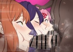 3girls artist_request blowjob dark-skinned_male dark_skin doki_doki_literature_club fellatio interracial monika_(doki_doki_literature_club) natsuki_(doki_doki_literature_club) yuri_(doki_doki_literature_club)