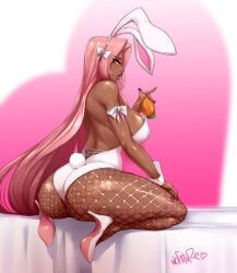 1girls 2023 ass bunny_ears bunny_tail bunnysuit carrot dark-skinned_female dark_skin female female_only fishnet_pantyhose fishnets heels hi_res ingrid_(taimanin_asagi) kneeling long_hair looking_at_viewer looking_back looking_back_at_viewer makai_kishi_ingrid mole mole_under_mouth nofuture orange_eyes pink_hair purple_lipstick saliva_trail solo taimanin_(series) taimanin_asagi thick_thighs wrist_cuffs