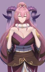 1girls alternate_costume bare_shoulders breasts cleavage female female_only fire_emblem fire_emblem_heroes horns huge_breasts japanese_clothes kimono long_hair looking_at_viewer nerthuz_(fire_emblem) nerthuz_(new_year)_(fire_emblem) new_year nintendo official_alternate_costume pink_eyes pink_hair ponytail shou_illust shoulders smile solo very_long_hair