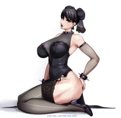 1girls 2023 big_breasts black_hair black_lipstick brown_eyes capcom chun-li dress female female_only fishnet_armwear fishnets goth gothification gothified heels hi_res kneeling looking_at_viewer nofuture solo spiked_bracelet spiked_collar stockings street_fighter thick_thighs twin_buns