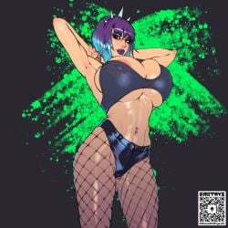 1girls 2d 2d_(artwork) april_(dmitrys) areola_slip areolae areolae_visible_through_clothing armpits arms_behind_head big_breasts bimbo blue_eyes blue_highlights breast_implants breasts cleavage daughter dmitrys dyed_hair eyeshadow female female_only fishnet_legwear fishnet_stockings fishnets goth goth_girl hair_highlights headband lipstick looking_at_viewer makeup microshorts navel navel_piercing nipple_bulge nipple_piercing nipples nipples_visible_through_clothing purple_hair purple_lipstick skimpy skimpy_clothes solo thick_thighs thighs toned toned_female wide_hips