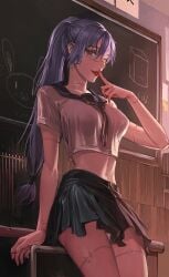 blue_hair jujutsu_kaisen looking_at_viewer mahito_(jujutsu_kaisen) panties pantyshot rule_63 scar schoolgirl skirt underwear