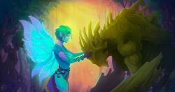 absurd_res clothed clothing digital_media_(artwork) duo elemental_creature enfys_saffir female flora_fauna glowing green_body green_hair guild_wars hair hi_res humanoid not_furry plant roizzis sylvari wings