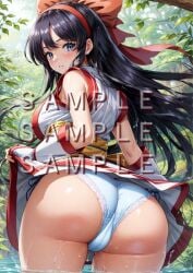 1girls ai_generated ainu_clothes ass big_ass big_breasts black_hair blue_eyes bubble_butt busty clothes_lift fat_ass female fingerless_gloves hair_ribbon hi_res king_of_fighters large_breasts legs lifted_by_self long_hair looking_at_viewer looking_back nakoruru open_mouth panties sample sample_watermark samurai_shodown sensual sideboob snk solo thick_thighs voluptuous water wet