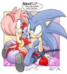 amy_rose anthro balls blue blush bondage bound breasts chains condom cum english_text erosuke exposed_torso female femdom filled_condom footwear gloved_handjob gloves green_eyes handjob handwear hedgehog humanoid male nude penis penis_milking pink sega sideboob sonic_(series) sonic_the_hedgehog tail translated