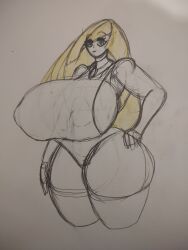 ass_bigger_than_head barely_clothed big_ass breasts_bigger_than_head casual casual_nudity clothed female female_only huge_ass huge_breasts laliche32 lusamine_(pokemon) nintendo nipples_visible_through_clothing no_bra no_underwear paper_drawing pokemon sideass sideboob sketch teasing