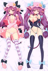 animal_ears between_breasts black_gloves black_legwear black_panties blush breasts bustier cat_ears cat_tail cleavage crescent dakimakura elbow_gloves female gloves hat highres homura_subaru lactation large_breasts long_hair navel necktie necktie_between_breasts nipples panties patchouli_knowledge pink_panties purple_eyes purple_hair red_eyes ribbon slippers striped striped_legwear tail tail_bow thighhighs touhou underwear white_panties