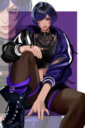 1girls big_breasts black_and_purple_hair jacket kittymiya namco pantyhose pin_up posing purple_eyes reina_mishima shoes short_hair shorts tank_top tekken tekken_8