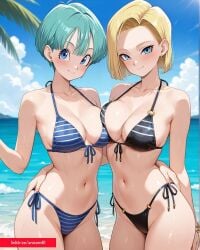 1989 1990 1991 1992 1993 1994 1995 1996 2025 ai_generated android18dx android_18 anicom61 beach black_bikini blonde_female blonde_hair blonde_hair_female blue_bikini blue_eyes blue_hair bulma_(dragon_ball) bulma_briefs dragon_ball dragon_ball_super dragon_ball_z meta toei_animation