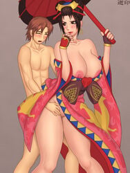 age_difference big_breasts breasts brown_eyes brown_hair clothed_female_nude_male earrings female fingerless_gloves from_behind geisha huge_breasts human kilik male older_female parasol setsuka skbgg soul_calibur straight younger_male yukijirushi_nyugyou