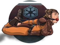 1girl 1girls bastila_shan bound bound2draw clothed clothing fully_clothed gag gagged hogtie hogtied knights_of_the_old_republic light-skinned_female light_skin restrained sith_empire_insignia star_wars tied_up