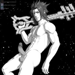 1boy juhanart kingdom_hearts male_focus male_only masculine nude penis presenting solo terra_(kingdom_hearts) weapon