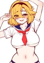 1girls ao_(user_xcnx5328) arms_up belly blonde_hair blue_eyes blush crop_top cute diadem female future_princess_(guardian_tales) guardian_tales hair_over_one_eye looking_away medium_hair no_pants pale-skinned_female panties school_uniform schoolgirl short_hair shy smile solo stomach tagme teenager underboob upper_body white_background