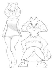 1boy 1girls 2024 alternate_costume anthro arms_bent bare_shoulders black_and_white blush blush_lines bottomless bottomless_anthro bottomless_female breasts cheek_tuft choo-choo_(top_cat) closed_smile clothed clothed_anthro clothed_male clothing clothing_pull clothing_swap crossdressing dbaru digital_drawing_(artwork) digital_media_(artwork) dipstick_tail domestic_cat dress duo embarrassed eyebrows eyelashes facial_tuft felid feline felis female fingers freckles freckles_on_face front_view fur fur_tuft gem genitals hands_on_hips hands_on_own_hips hanna-barbera happy head_tuft hi_res honeydew_mellon innie_pussy jewelry larger_female legs_together long_eyelashes long_whiskers looking_at_viewer male mammal markings monochrome mouth_closed necklace on_one_leg open_mouth pearl_(gem) pearl_necklace plantigrade pose prick_ears pussy round_eyes shadow size_difference smaller_male smile smiling_at_viewer standing sweater sweater_only sweater_pull tail tail_markings teeth tongue top_cat_(series) topwear topwear_only topwear_pull tuft turtleneck whiskers