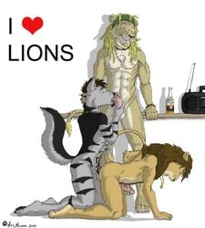 2012 ace_stryker anal anthro beard beer brown_hair canine doggy_style dreadlocks feline fellatio from_behind fur furry furry_only gay hair lion male masturbation muscles no_humans oral oral_sex penis sex threesome wolf