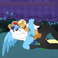 2boys anal anal_sex animal_genitalia animal_penis applejack_(male)_(mlp) balls blonde_hair bow_tie clothed clothing earth_pony equid equine equine_genitalia equine_penis footwear friendship_is_magic ftm_crossgender fur gay gay_sex genderswap_(ftm) genitals grass hair hasbro hi_res horse long_socks male male/male mammal medial_ring multicolored_hair multicolored_tail my_little_pony orange_body orange_fur outside outside_sex partially_clothed pegasus penetration penis plant pony rainbow_blitz_(mlp) rainbow_hair rainbow_tail rule_63 shallowwin smile socks tail wings yellow_tail