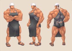 apron ass balls bara beard bulge clothing crossed_arms facial_hair flaccid fully_clothed kuromine_hiraya male male_only muscles muscular penis solo solo_male yuatari