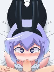 1boy 1boy1girl 1girls ass ass_up assarigi atlus bangs bed blowjob blush bunny_ears bunny_tail bunnysuit devil_survivor devil_survivor_2 erection faceless_male fellatio female long_hair looking_at_viewer looking_up male_pov megami_ibunroku_devil_survivor megami_tensei on_bed oral oral_sex penis pov purple_eyes purple_hair saliva shin_megami_tensei tico tico_devil_survivor_2