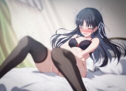 1girl ai_generated black_bra black_hair blush_lines busty_female classroom_of_the_elite clenched_teeth climax_female closed_eyes covering_crotch hair_ribbon horikita_suzune in_bed legs_apart legs_spread long_hair niuniuking_ai on_bed playing_with_pussy playing_with_self shake_lines sitting_on_bed