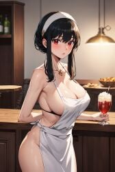 1girls adjusting_clothes ai_generated apron apron_only arm_support arms_behind_back bar big_breasts black_hair blush breasts child_bearing_hips dessert drinking_glass embarrassed female female_only food functionally_nude functionally_nude_female glass holding_glass holding_object hourglass_figure huge_breasts indoors kitchen large_breasts light-skinned_female light_skin mature mature_female maxartison milf mommy nai_diffusion naked_apron pinup red_eyes shy sidelocks solo solo_focus spy_x_family stable_diffusion tied_hair voluptuous voluptuous_female wide_hips wife yor_briar yor_forger